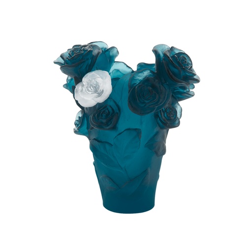 Daum - Crystal Small Rose Passion Vase in Blue with White Rose - Time for a Clock